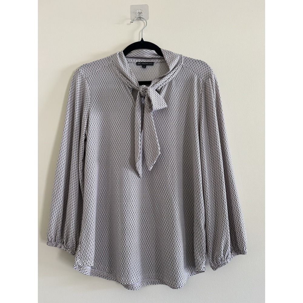Adrianna Papell Polka Dot Tie Neck Blouse Long Sleeve Secretary Top